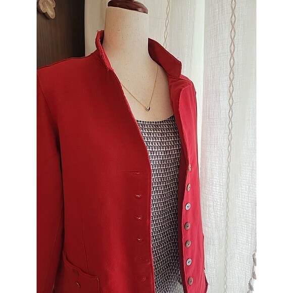 White Lotus Jersey Stretch Blazer Rolled Hem Pockets Wood Metal Buttons Small - Picture 2 of 14